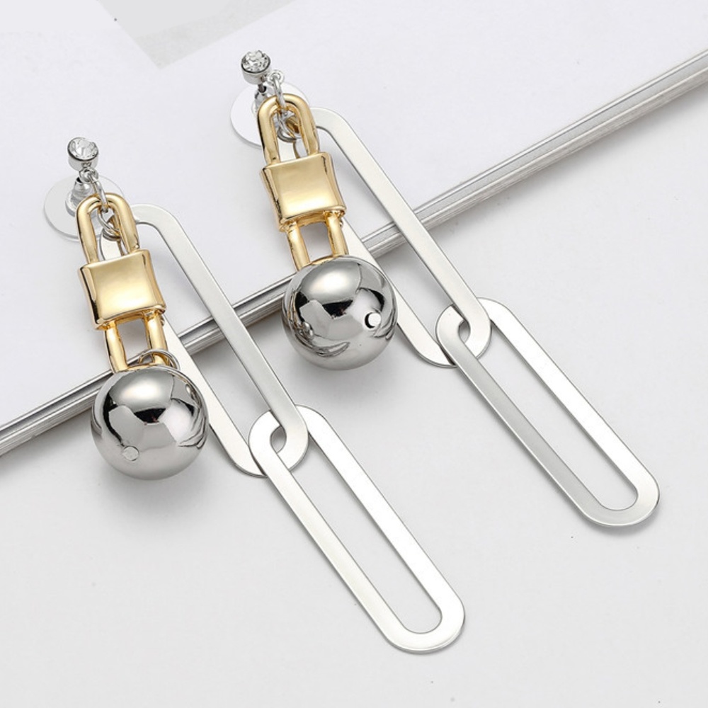 NEW Two Tone Link Lock Ball Crystal Drop Earrings - Picture 3 of 4